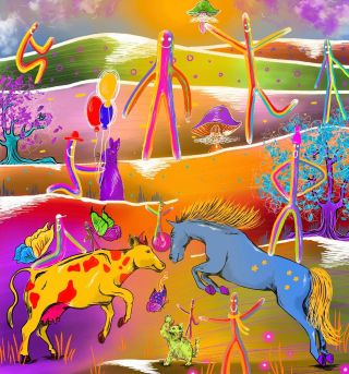 🌈 Vítejte v Duhozemi! Tady se každý den mění ve slavnost, barvy kouzlí, motýli zpívají a krávy tančí! 🐄🦋 Modrý kůň s...